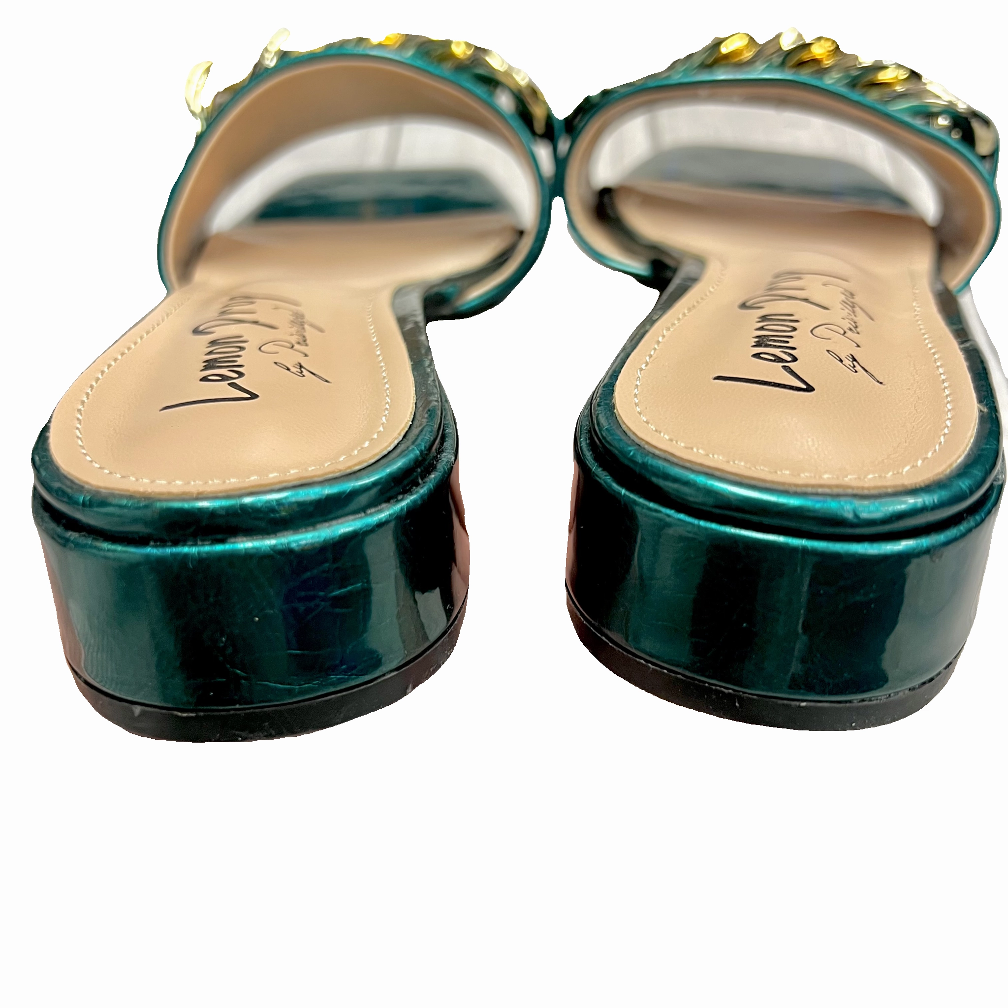 Sandals Heels Block By Lemon Drop In Gold & Green, Size: 11