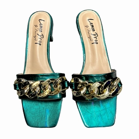 Sandals Heels Block By Lemon Drop In Gold & Green, Size: 11