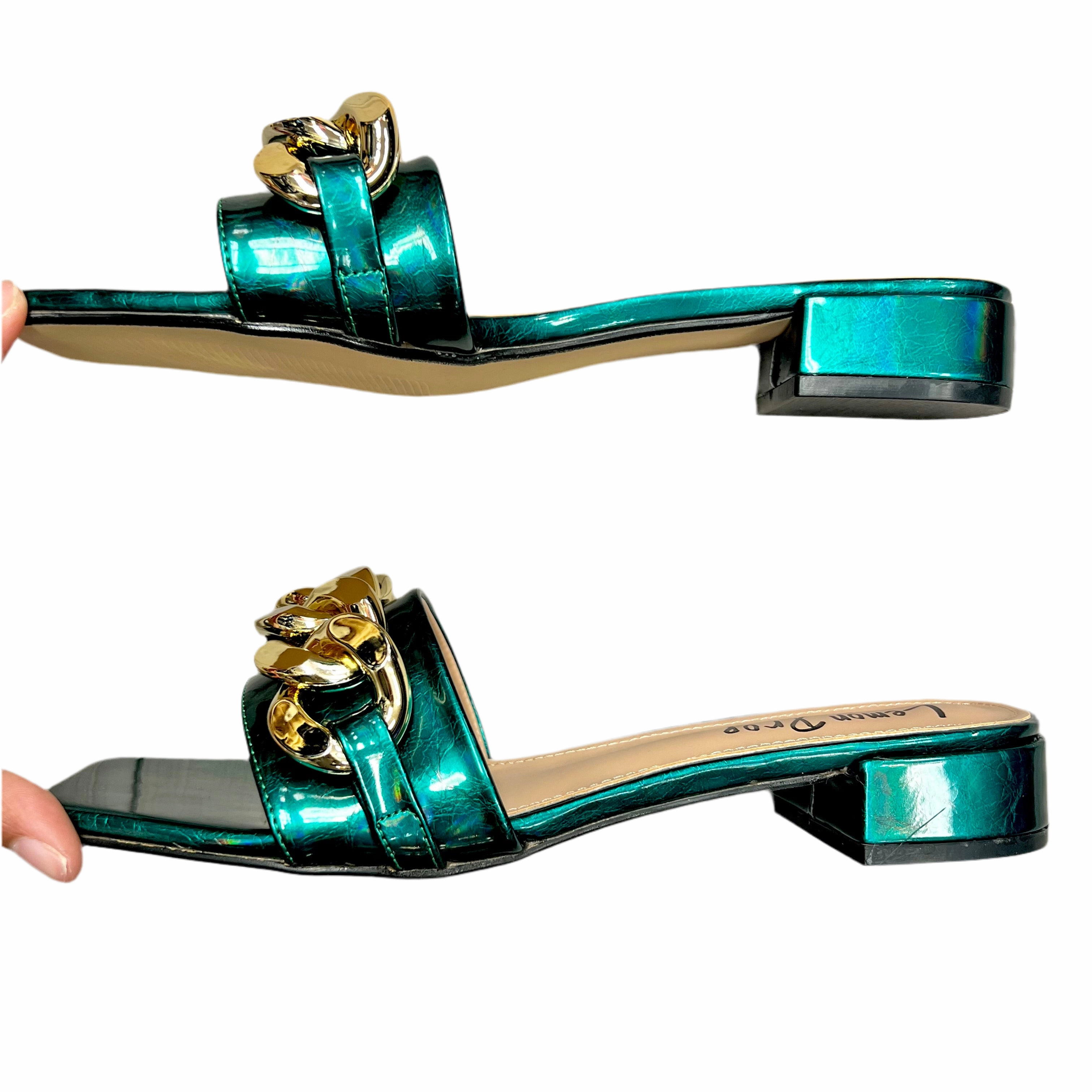 Sandals Heels Block By Lemon Drop In Gold & Green, Size: 11