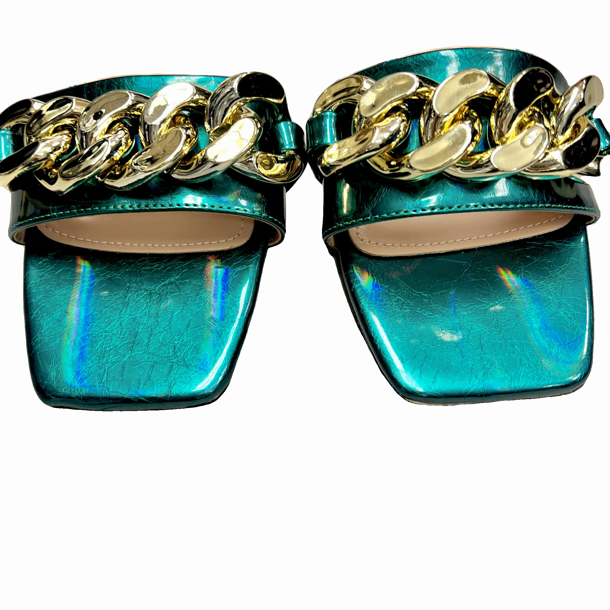 Sandals Heels Block By Lemon Drop In Gold & Green, Size: 11