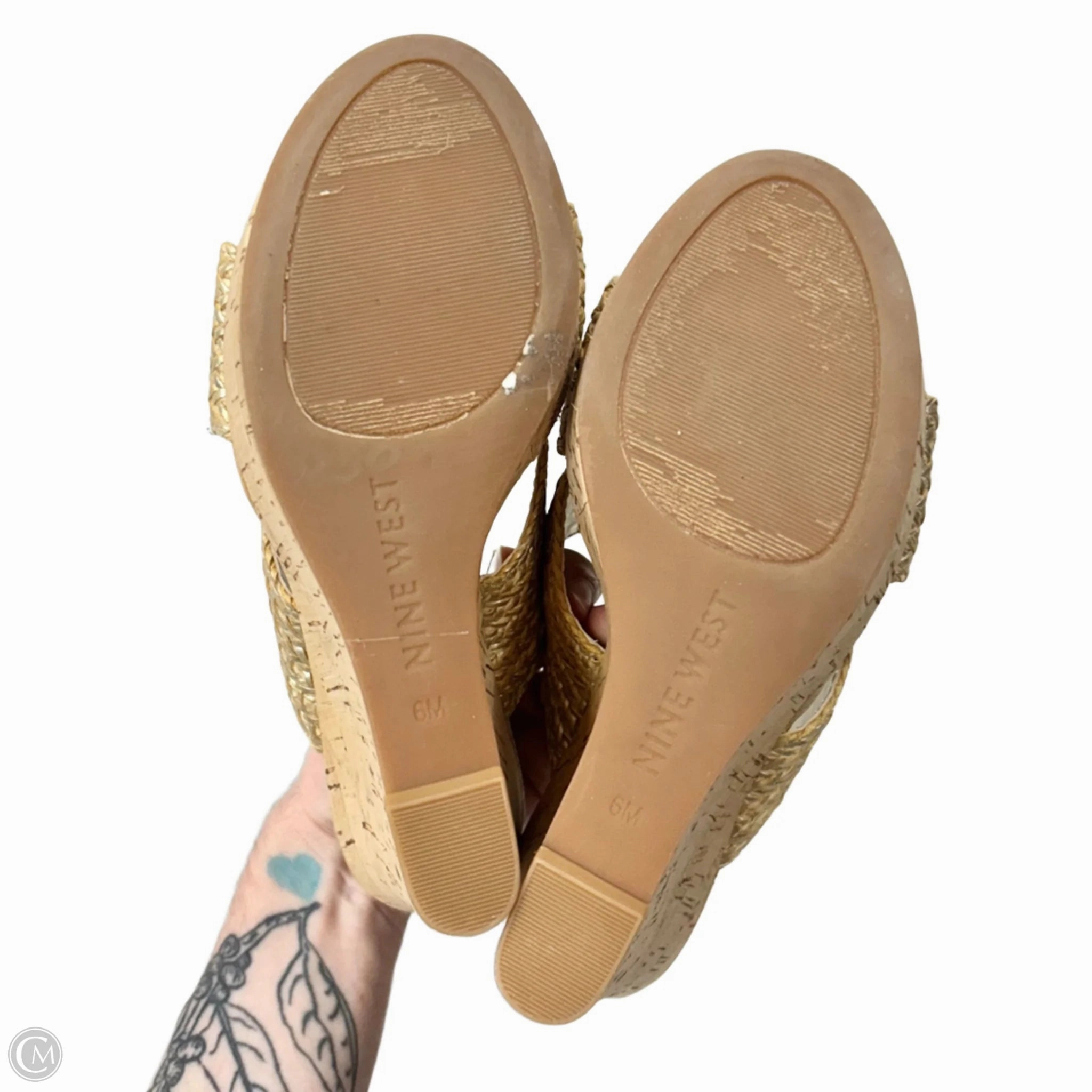 Sandals Heels Wedge By Nine West In Gold & Tan, Size: 6