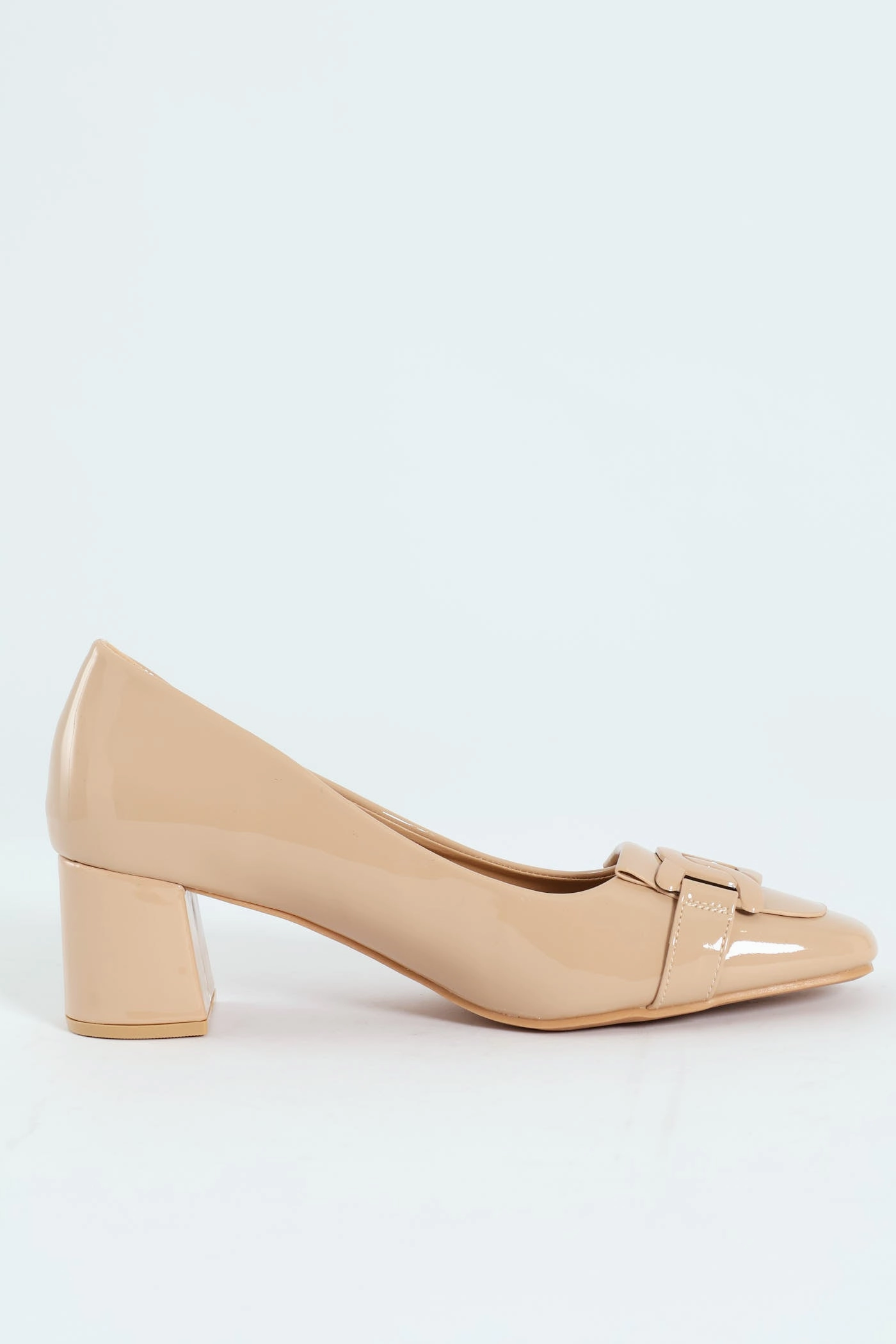 Self Colour Trim Patent Block Court Heel - Cream