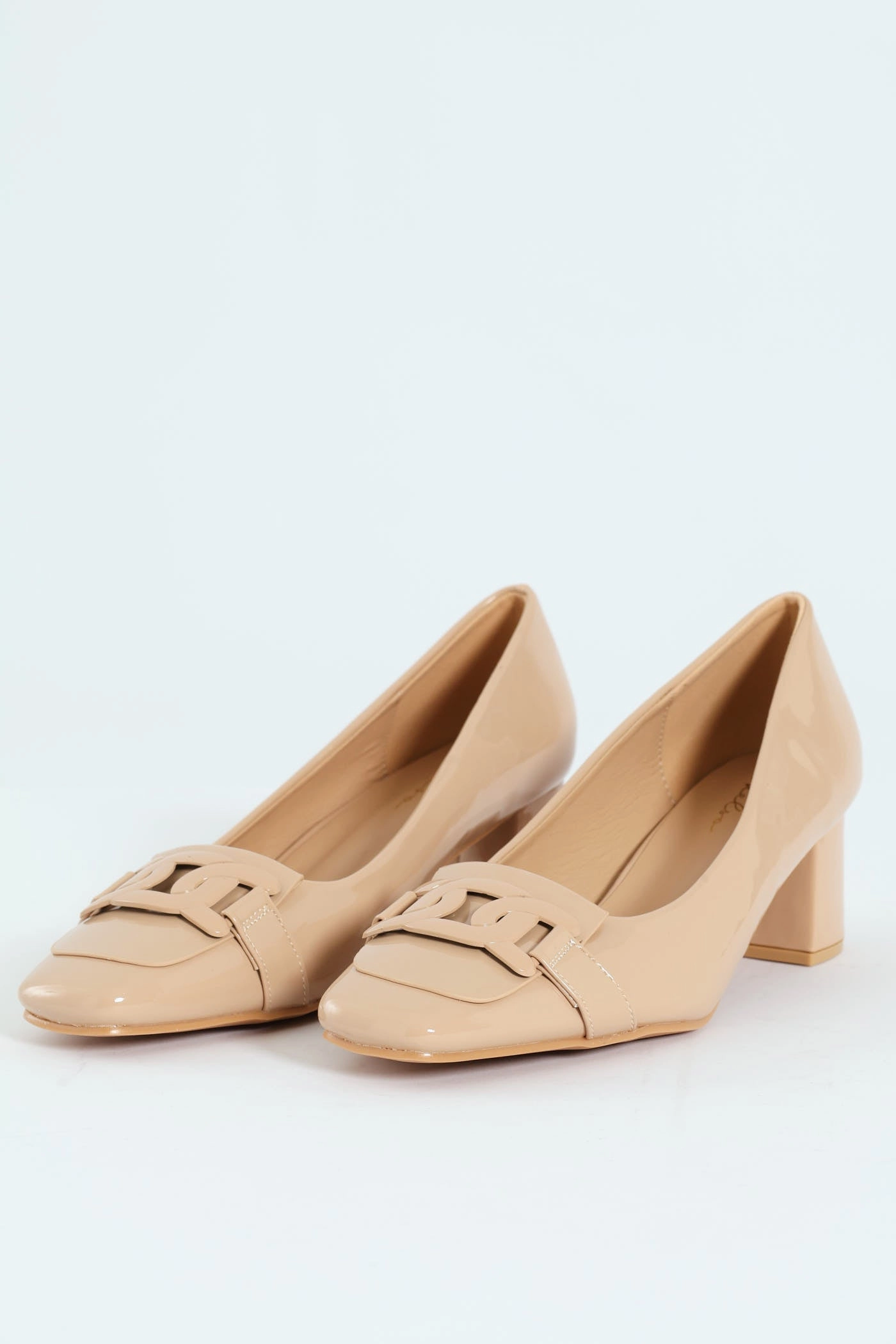 Self Colour Trim Patent Block Court Heel - Cream