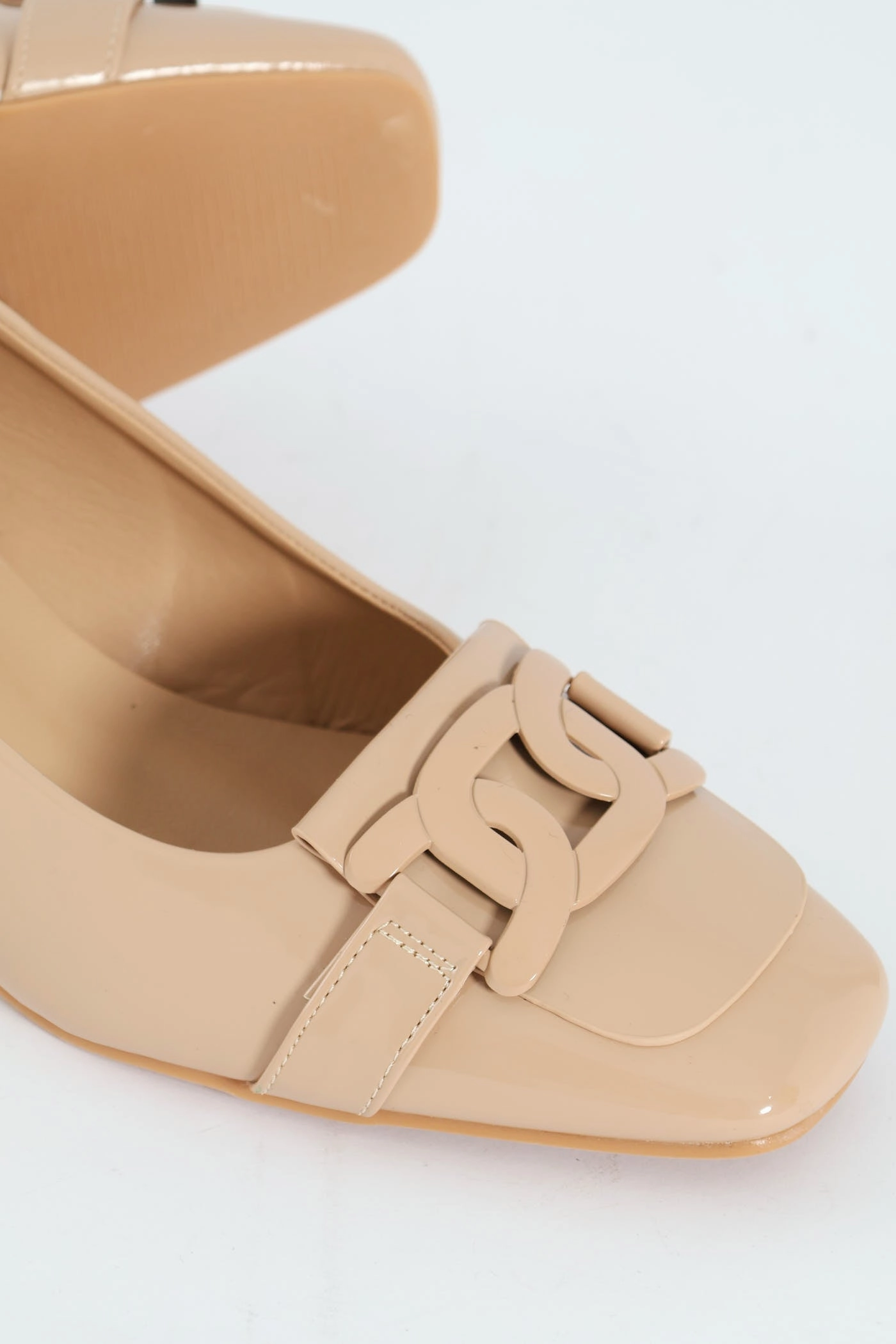Self Colour Trim Patent Block Court Heel - Cream