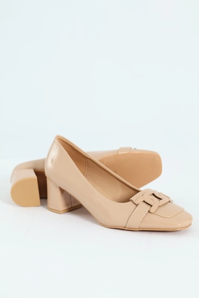 Self Colour Trim Patent Block Court Heel - Cream