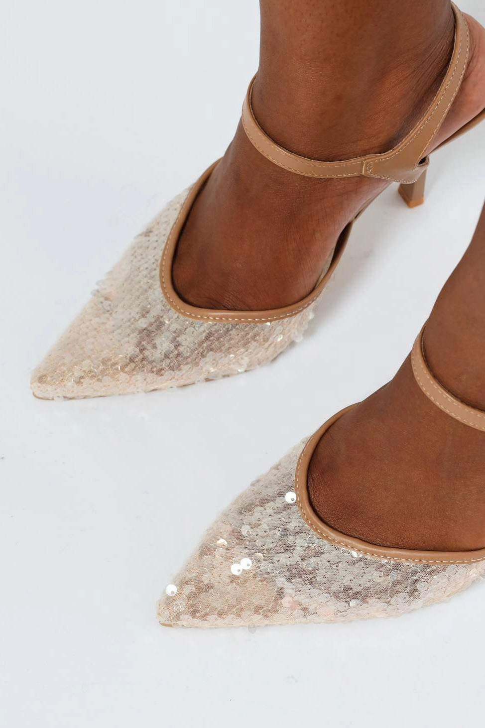 Sequined Pointed Toe Stiletto Heel - Champagne
