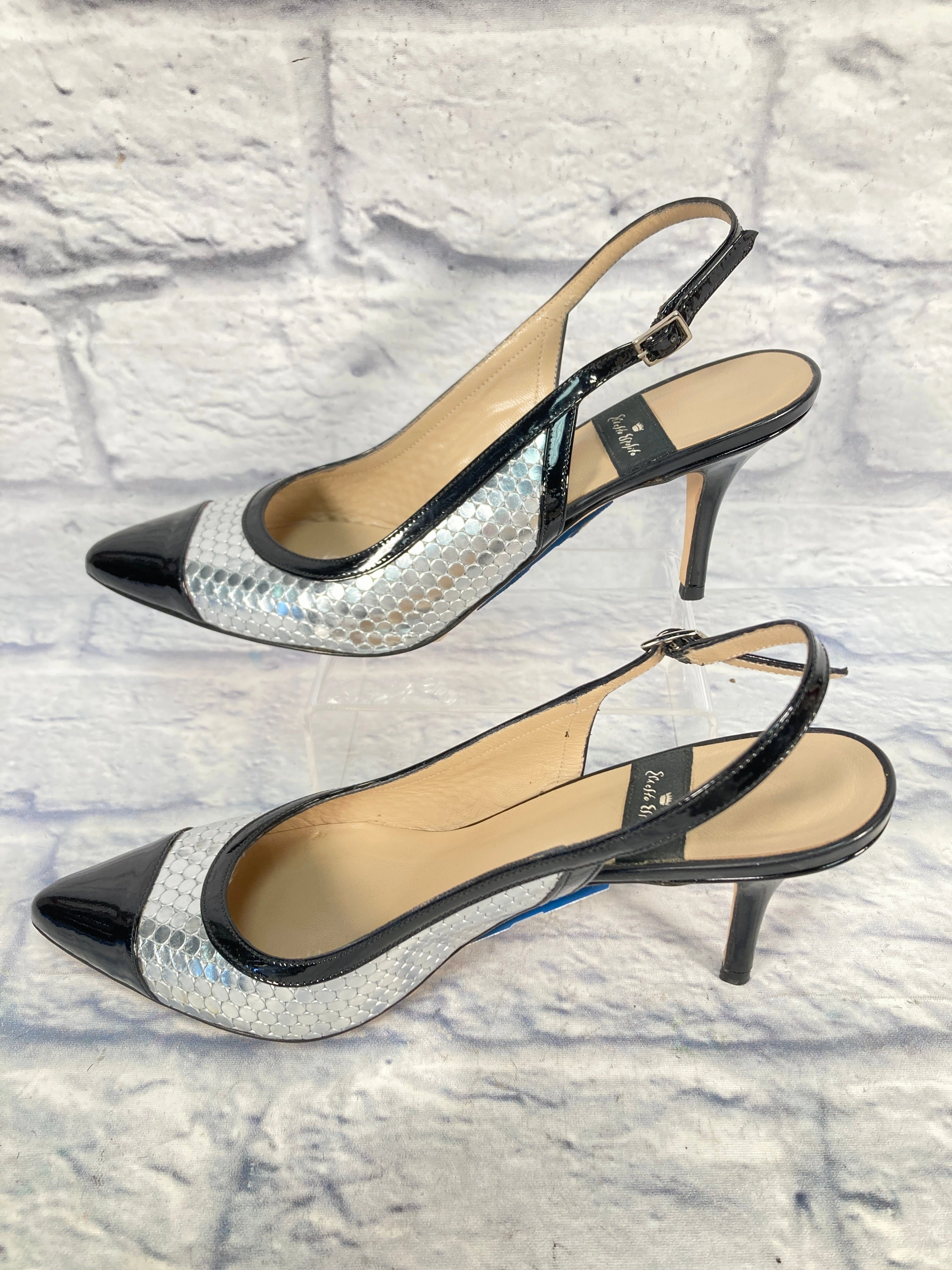 Shoes Heels Kitten By Clothes Mentor In Black & Silver, Size: 8.5