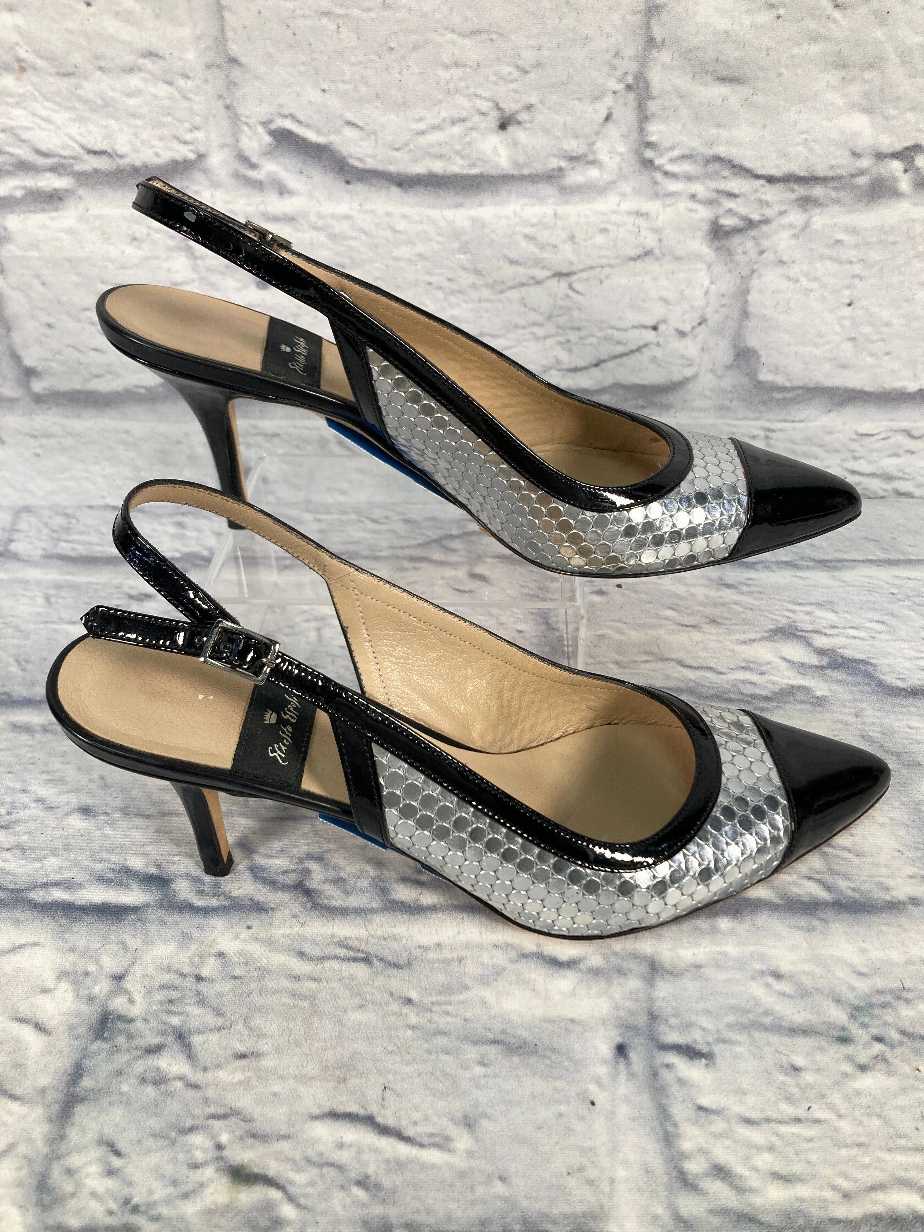 Shoes Heels Kitten By Clothes Mentor In Black & Silver, Size: 8.5