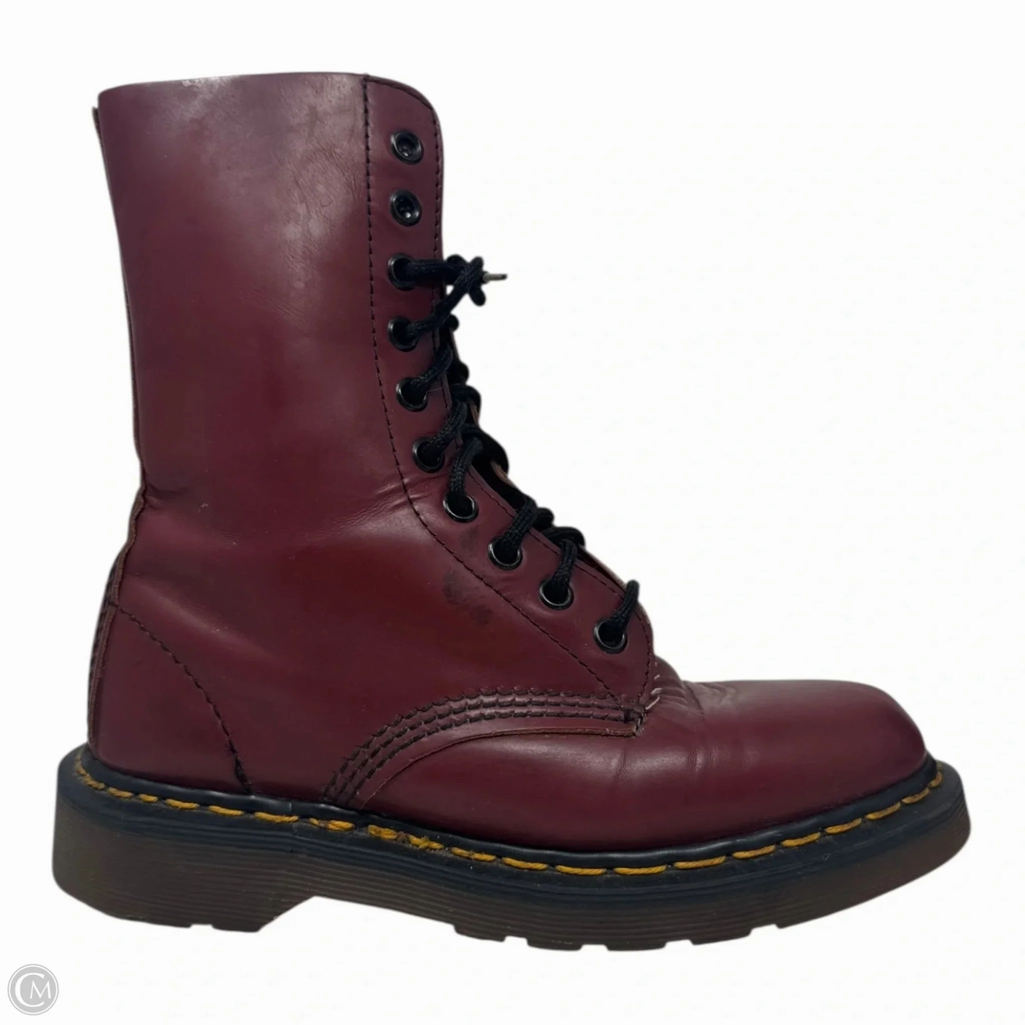 Vintage Made in England 1490 Smooth Leather Mid Calf Boots By Dr Martens In Cherry Red, Size: 6
