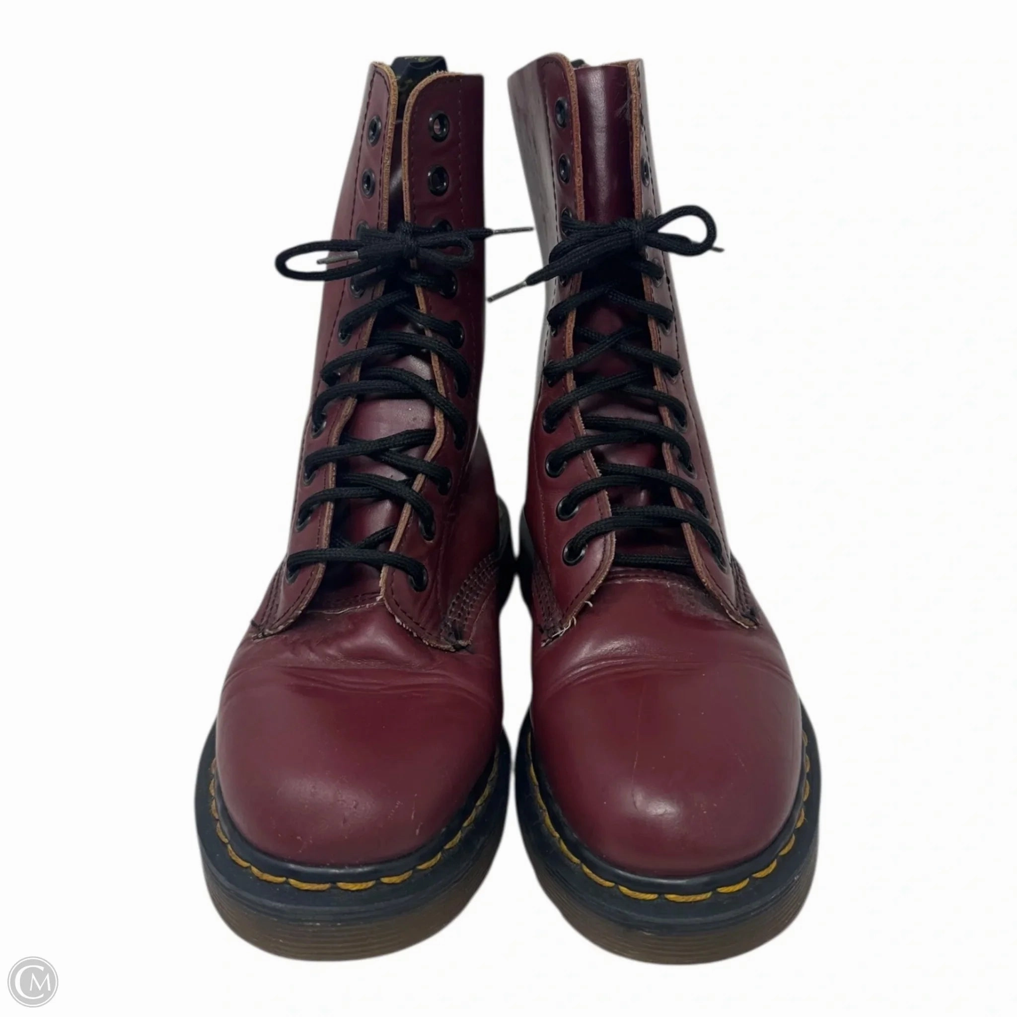 Vintage Made in England 1490 Smooth Leather Mid Calf Boots By Dr Martens In Cherry Red, Size: 6
